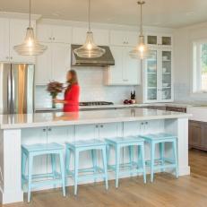 Transitional White Kitchen With Robin's Egg Blue Countertop Stools