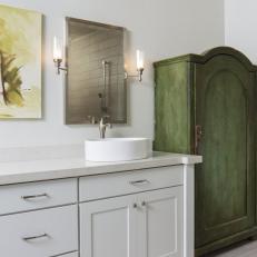 White Master Bathroom Vanity With Antique Green Armoire