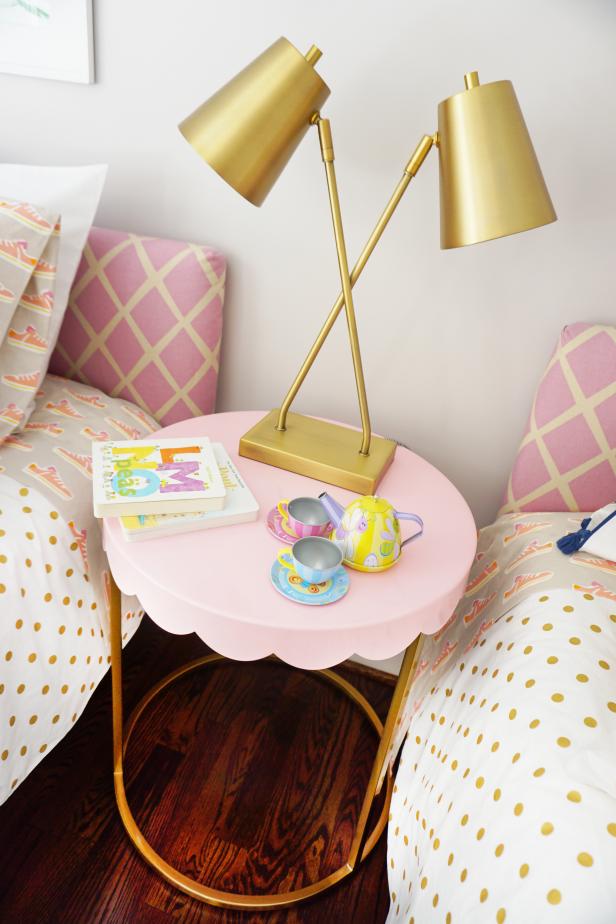 Light Pink and Gold Bedroom Nightstand With Gold Metal Lamp 
