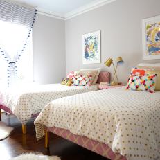 Pink, Gray and Gold Girl's Bedroom With Twin Beds and Polka Dot Comforters 
