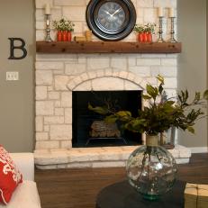 Renovated Texas Limestone Fireplace with Wood Mantel