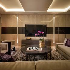 Brown Contemporary Media Room With Purple Striped Rug