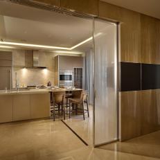 White Modern Kitchen With Sliding Door