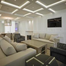 White Modern Media Room With Coffered Ceiling