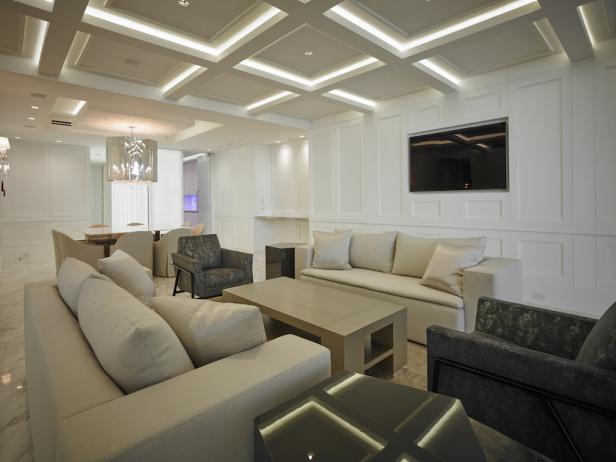 White Modern Media Room With Coffered Ceiling Hgtv