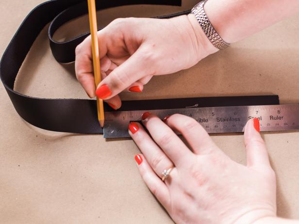 Step 1- Cut LeatherMeasure, mark, then cut three strips in black at 8-inches long and three strips in brown at 9-inches long. Cut the strips to ¾ inch thickness. If you’re using thick leather, you’ll want to use leather shears. HINT: You can buy leather strips at a craft store or online.