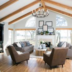 Living Room with Exposed Beam Ceiling