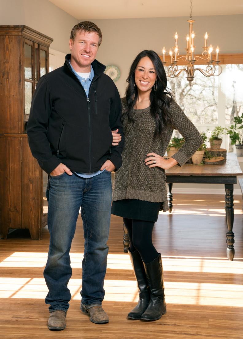 Portrait of Fixer Upper Hosts Chip and Joanna Gaines in the Mahan's new dining room, as seen on HGTV's Fixer Upper.  (portrait)