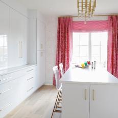 White Craft Room With Pink Curtains