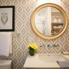 Small, Contemporary Bathroom With Graphic Pattern Wallpaper and Complimentary Graphic Owl Artwork 