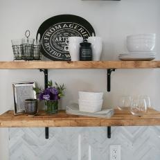 Natural Wood Kitchen Shelves For Decorative Dish Display Over Chevron Tile Backsplash 