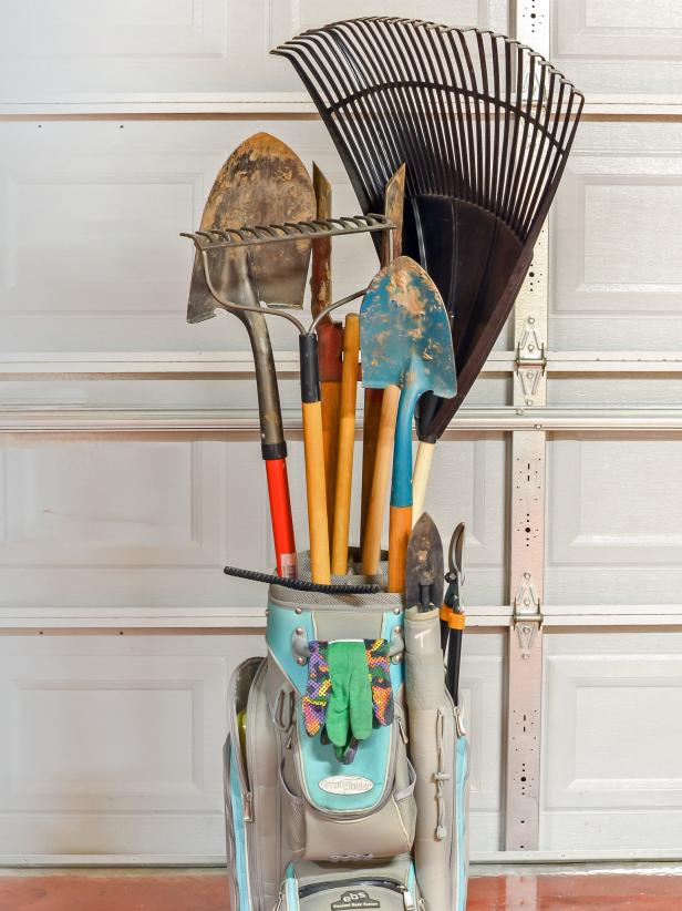 upcycled golf bag filled with garden tools