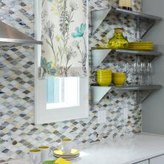 Eclectic Kitchen with Gray, Yellow and White Tile and Art