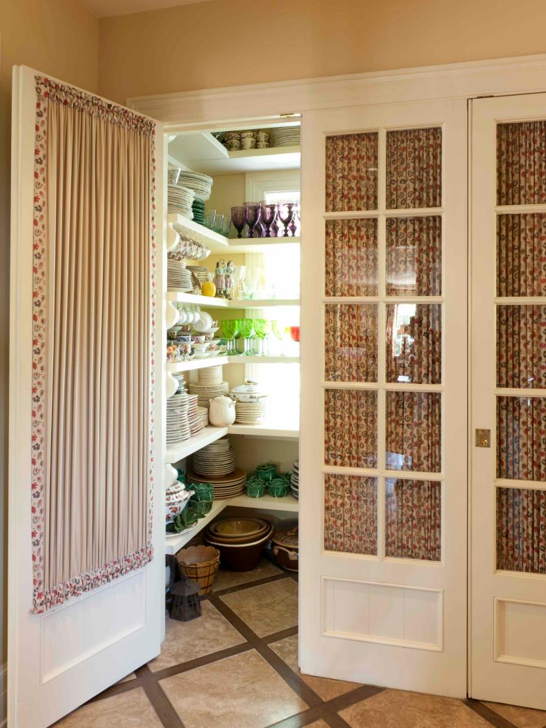 Vintage Butler’s Pantry with Curtained Glass Doors