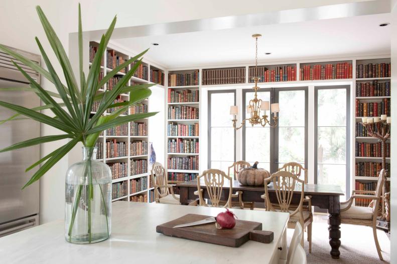 Warm Open Kitchen with Built-in Bookcases