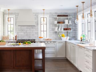 White Modern Kitchen with Tile Backsplash and Open Shelving
