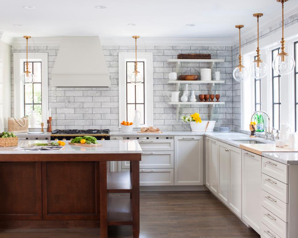 White Modern Kitchen with Tile Backsplash and Open Shelving | HGTV