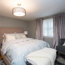 Plush Pastel Comforter and Upholstered Headboard in Transitional Style Master Bedroom 