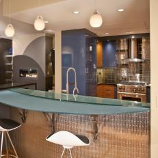  Modern Kitchen with Glass-topped Bar and Chrome Tile