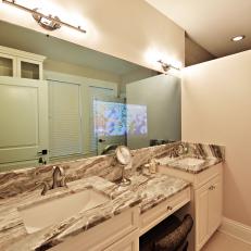 Transitional, White Bathroom With Double Vanities