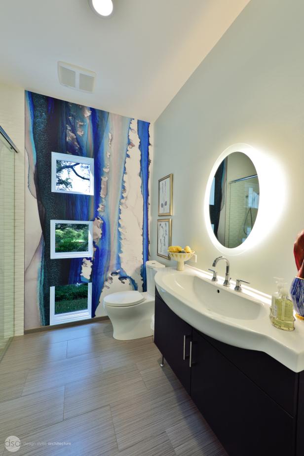 Modern Bathroom With Blue Art Wall HGTV