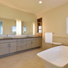 Neutral Spa Bathroom With Wood Vanity