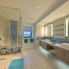Blue and White Spa Bathroom With Vessel Sinks