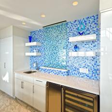 Wet Bar With Blue Mosaic Tile Backsplash