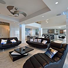 Black and White Modern Living Room With Ceiling Fan