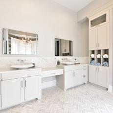 Clean White, Transitional Bathroom With Double Vanities
