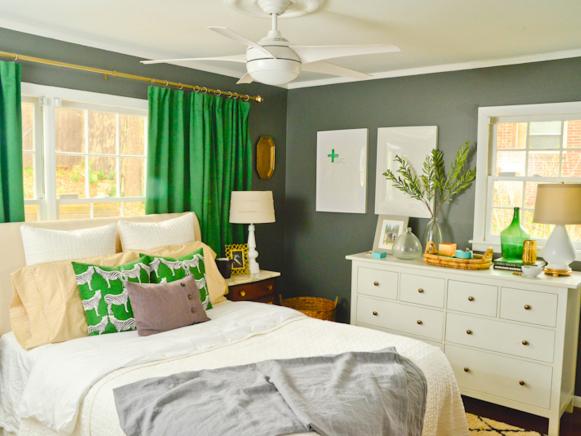 DIY Upholstered Headboard in Green and White Master Bedroom
