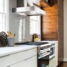 Modern Rustic Kitchen with Wood Shelves and Cabinets and White Tile