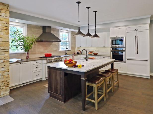 Modern Rustic Kitchen with an Island, Barstools and Industrial Pendants | HGTV