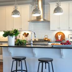 Black and White Kitchen with Pendant Chandeliers