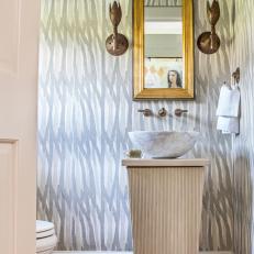 Elegant Powder Room with Bowl Sink on Columned Pedestal, Wallpaper and Mirror

