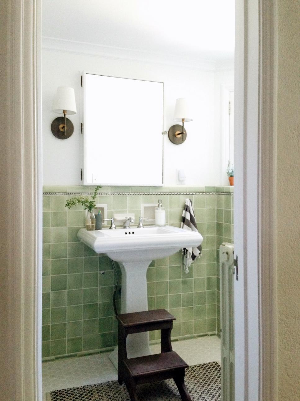 Vintage Small Bathroom with Green and White Tile and Pedestal Sink | HGTV