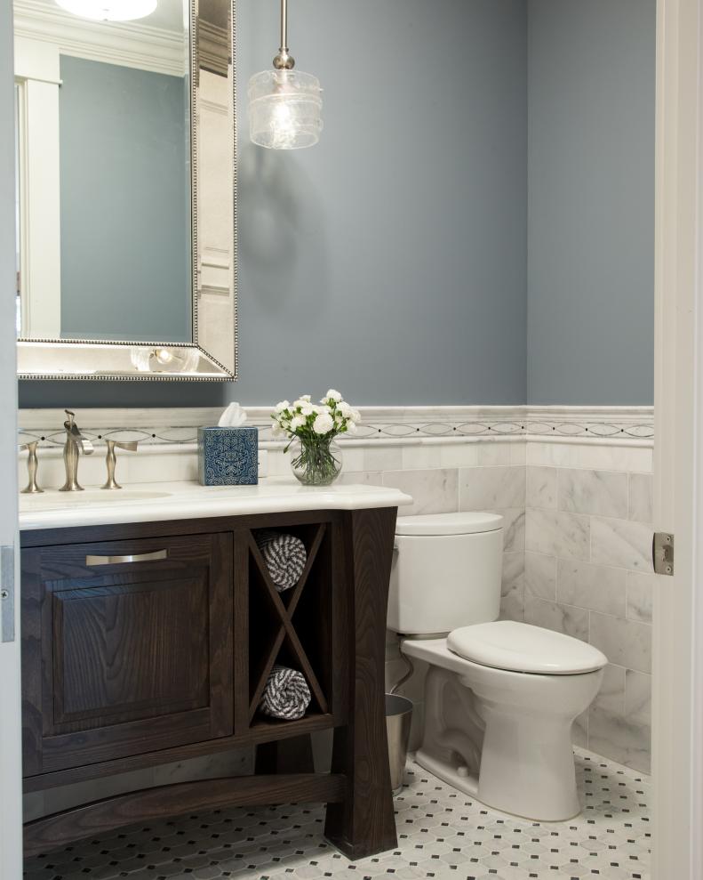 Soothing Blue and White Tile Bathroom with High-end Vanity