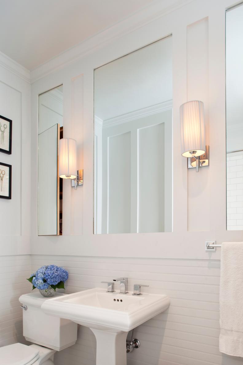 White Modern Bathroom with Horizontal Beadboard and Mirrors