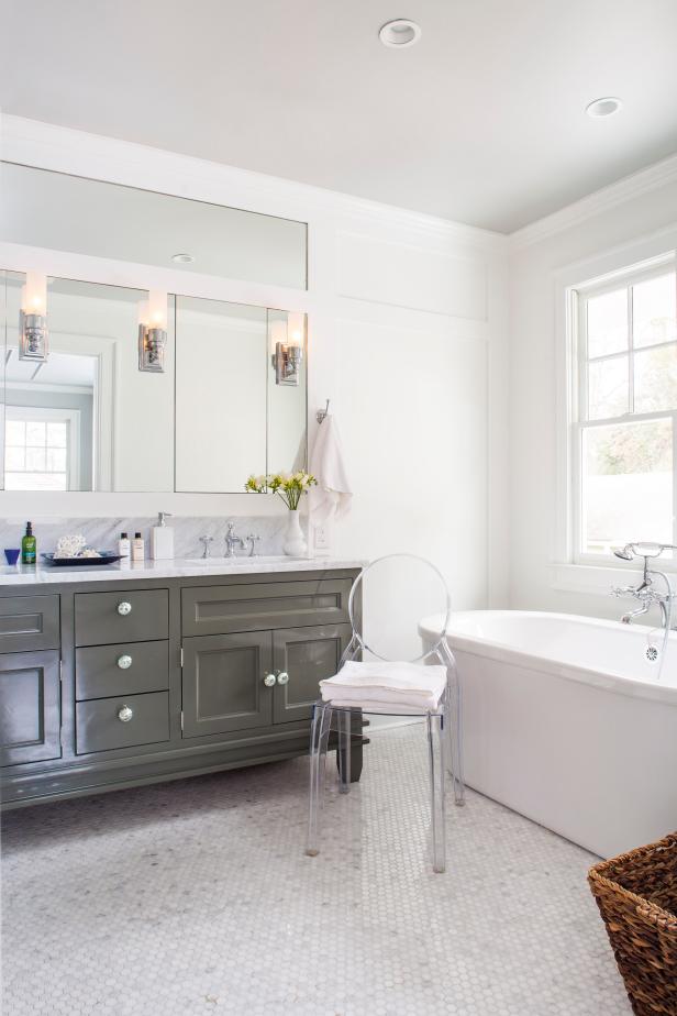 Contemporary White and Gray Bathroom with Oval Freestanding Tub and