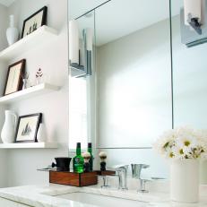 Modern White Bathroom with Mirrors and Open Shelving