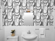 Modern White-and-Black Bathroom with Wallpaper and Chalk-painted Tile