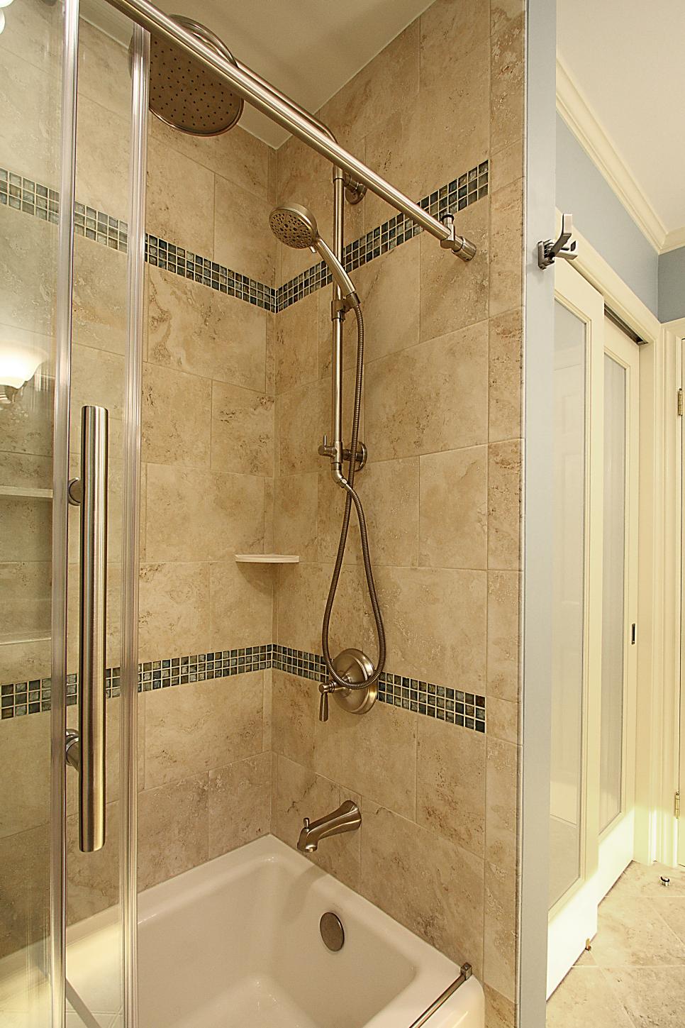 Neutral Tile Shower With Brushed Nickel Fixtures | HGTV