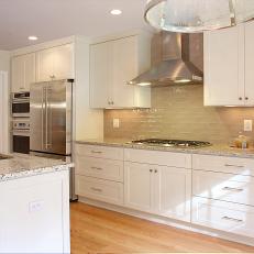 Transitional White and Neutral Kitchen With Natural Hardwood Floors