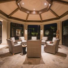 Luxurious Gazebo With Decorative Ceiling, Cushioned Wicker Arm Chairs and Marble Tile Floor 