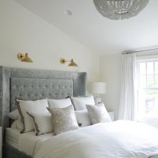 Serene Gray Master Bedroom With Elegant Chandelier