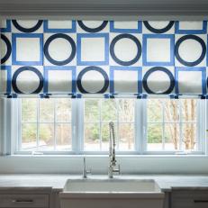 Blue Geometric Curtains in Neutral Kitchen