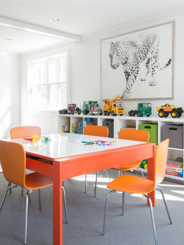 Boys' Playroom with Modern Orange Table and Cube Storage