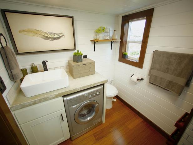 Reveal of Adam & ShaeLyn's Bathroom sink & Washer/Dryer as seen on HGTV's Tiny Luxury.