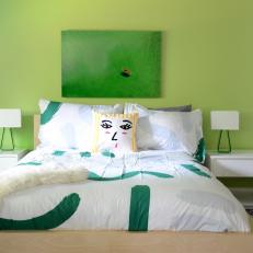 Green Bohemian Bedroom with White Bed Linens