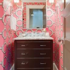 Powder Room With Pink Graphic Wallpaper